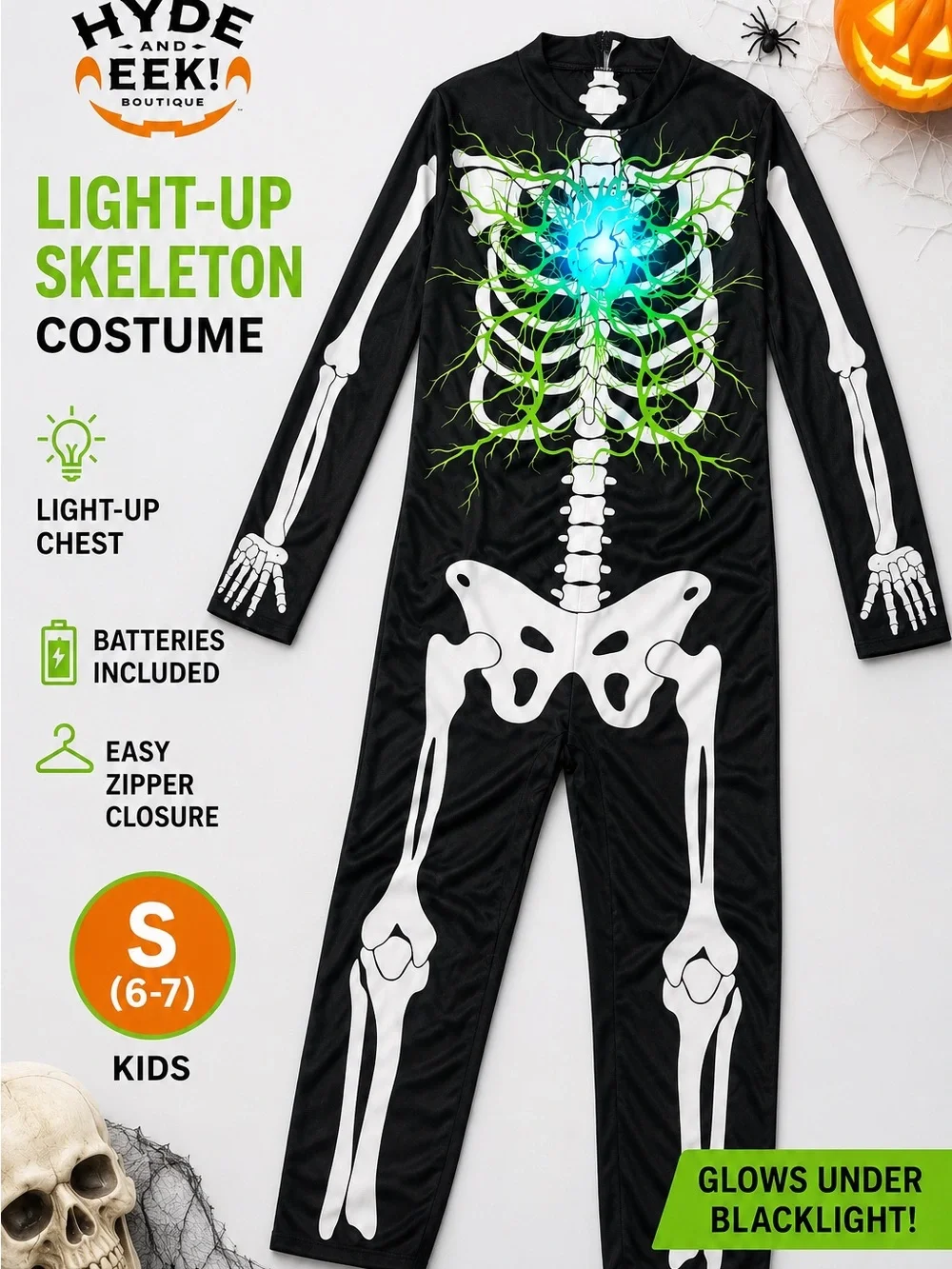 Hyde & EEK! Kids Black Light-Up Skeleton Costume with Glowing Chest (S 6-7)